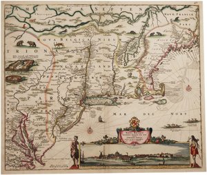 Novi Belgi Novaeque Angliae [新荷兰和新英格兰]，1682年（手工彩色雕刻） 作者 尼古拉斯·小维舍尔